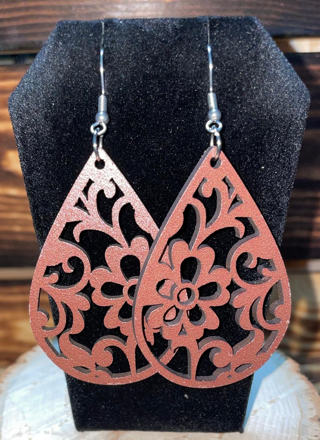 NEW Carved Wooden Large Floral Cutout Teardrop Earrings