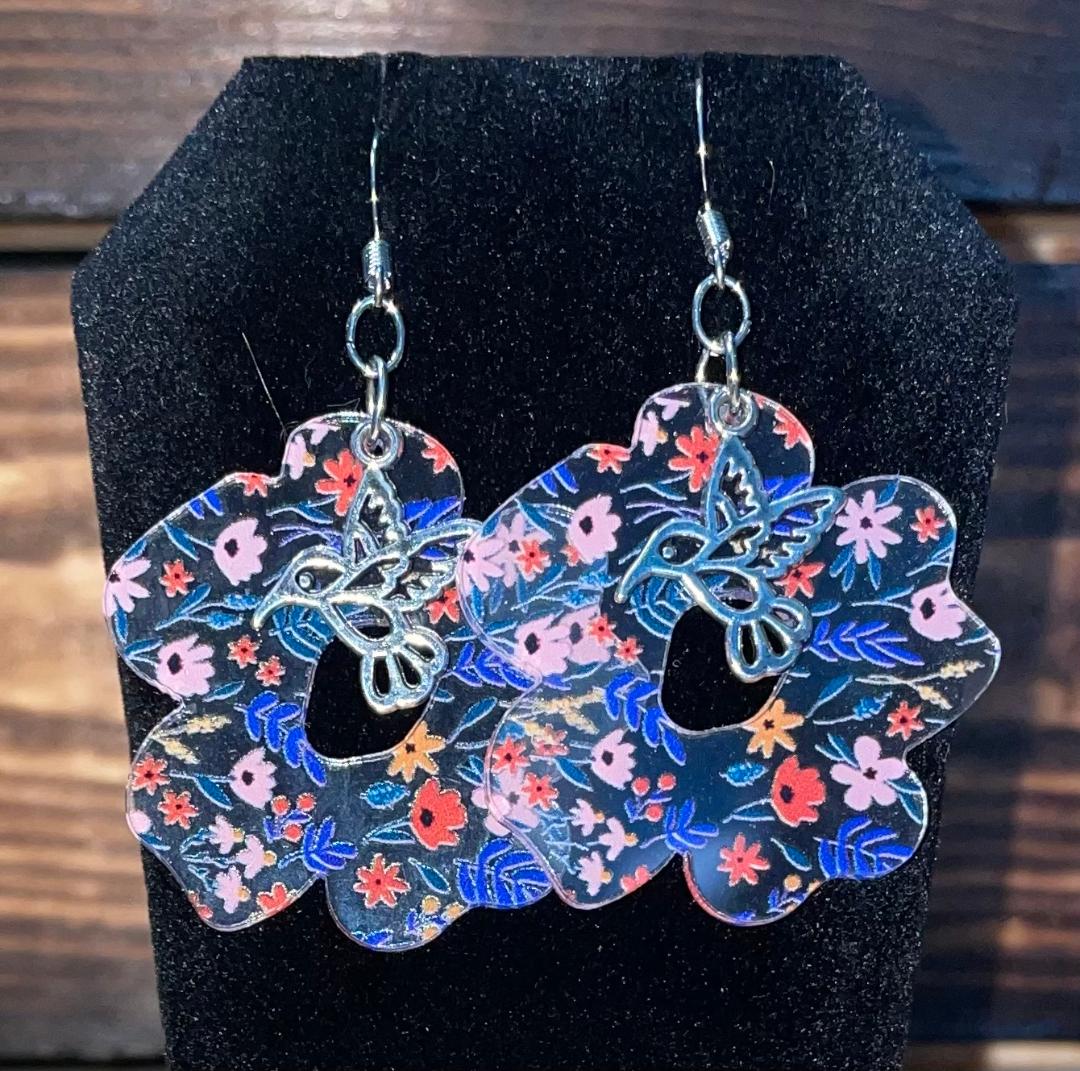 NEW Acrylic Clear Pastel Flower Earrings w/ Hummingbird Accent Charms
