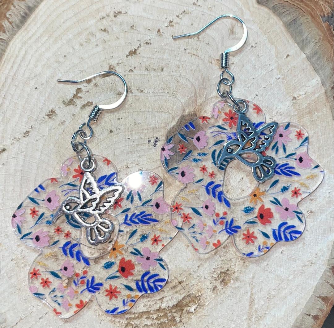 NEW Acrylic Clear Pastel Flower Earrings w/ Hummingbird Accent Charms