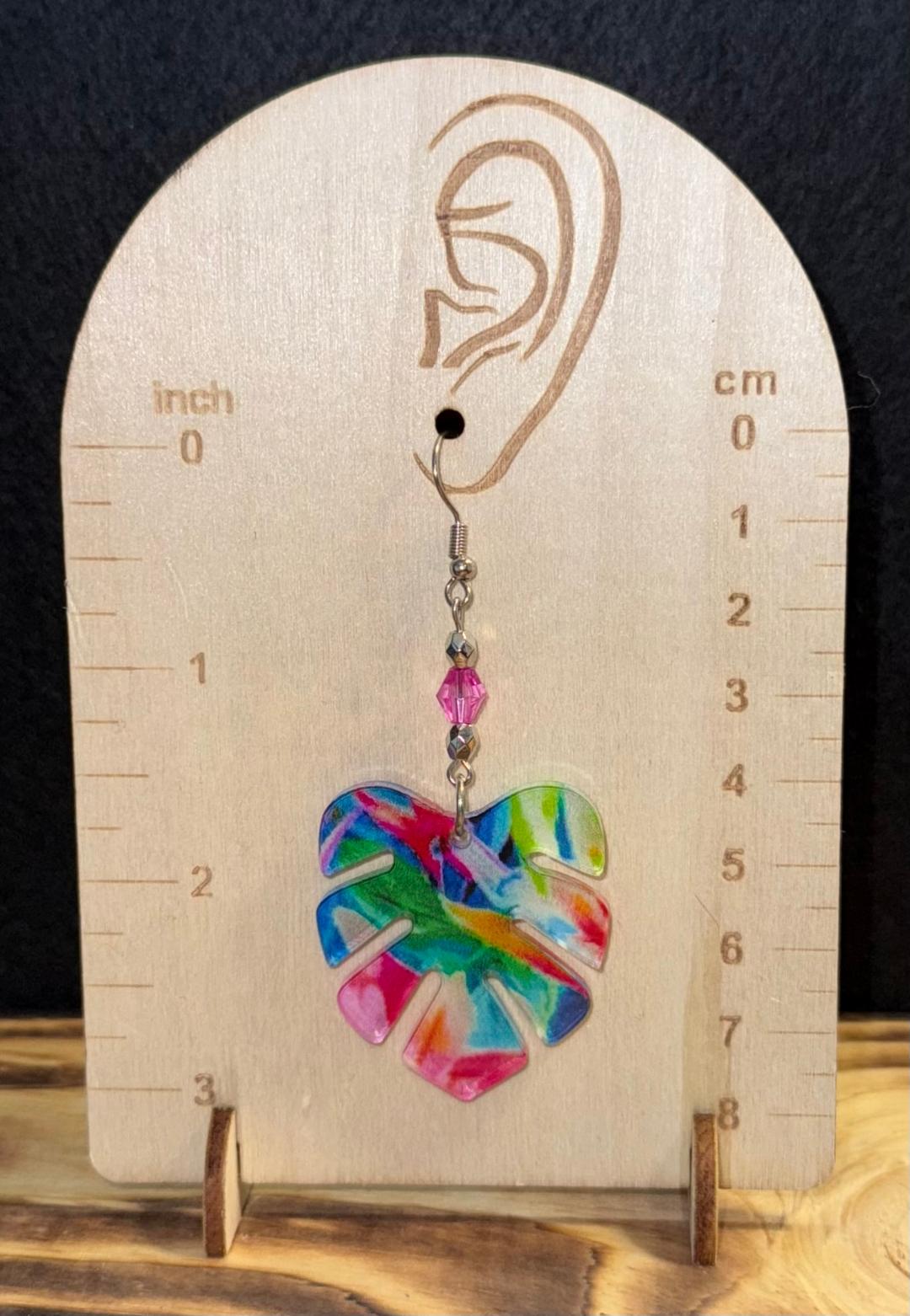 NEW Acrylic Tropical Theme Colorful Monstera Leaf w/ Faceted Bead Earrings