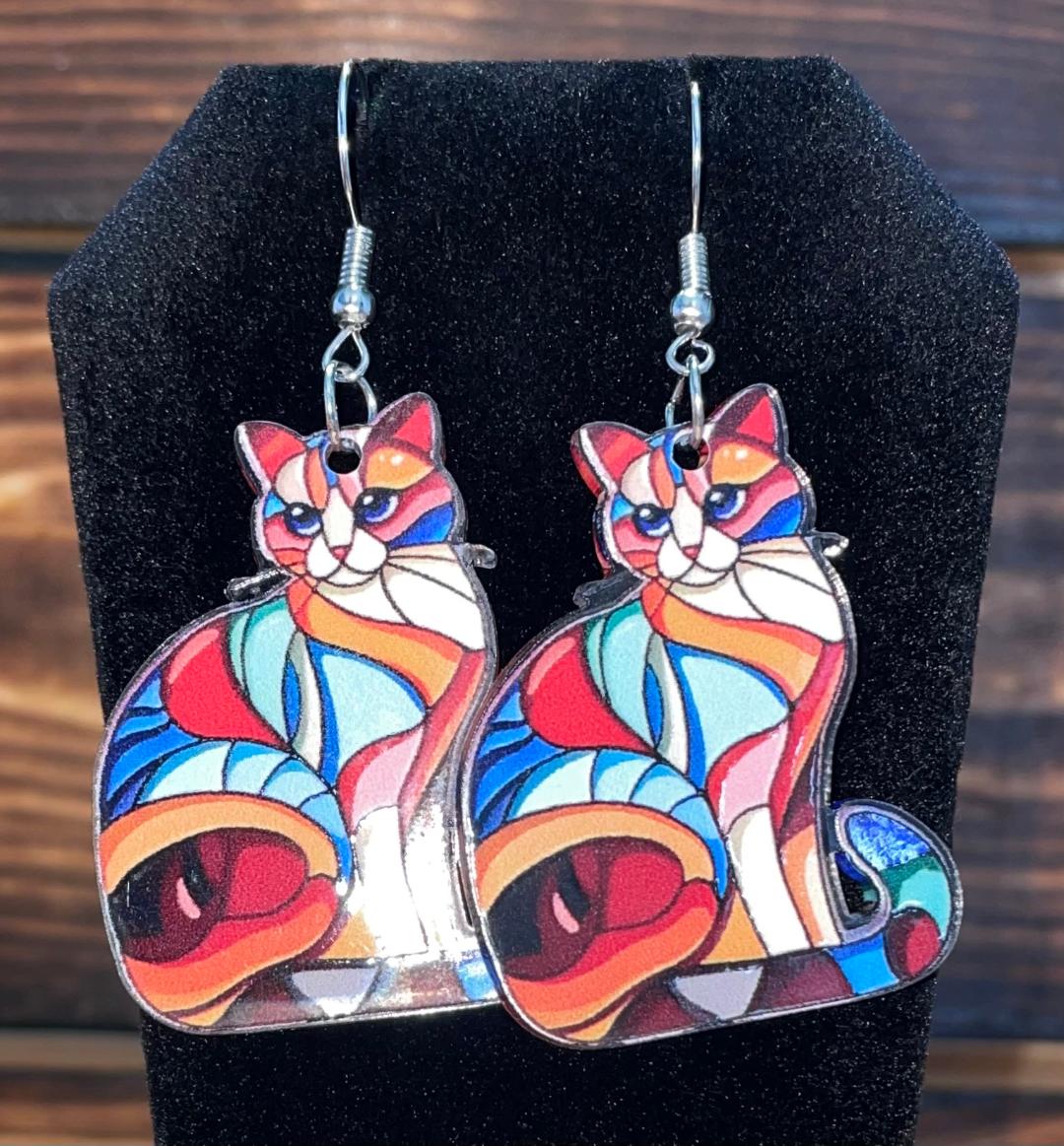 NEW Stained Glass Style Acrylic Colorful Cat Earrings