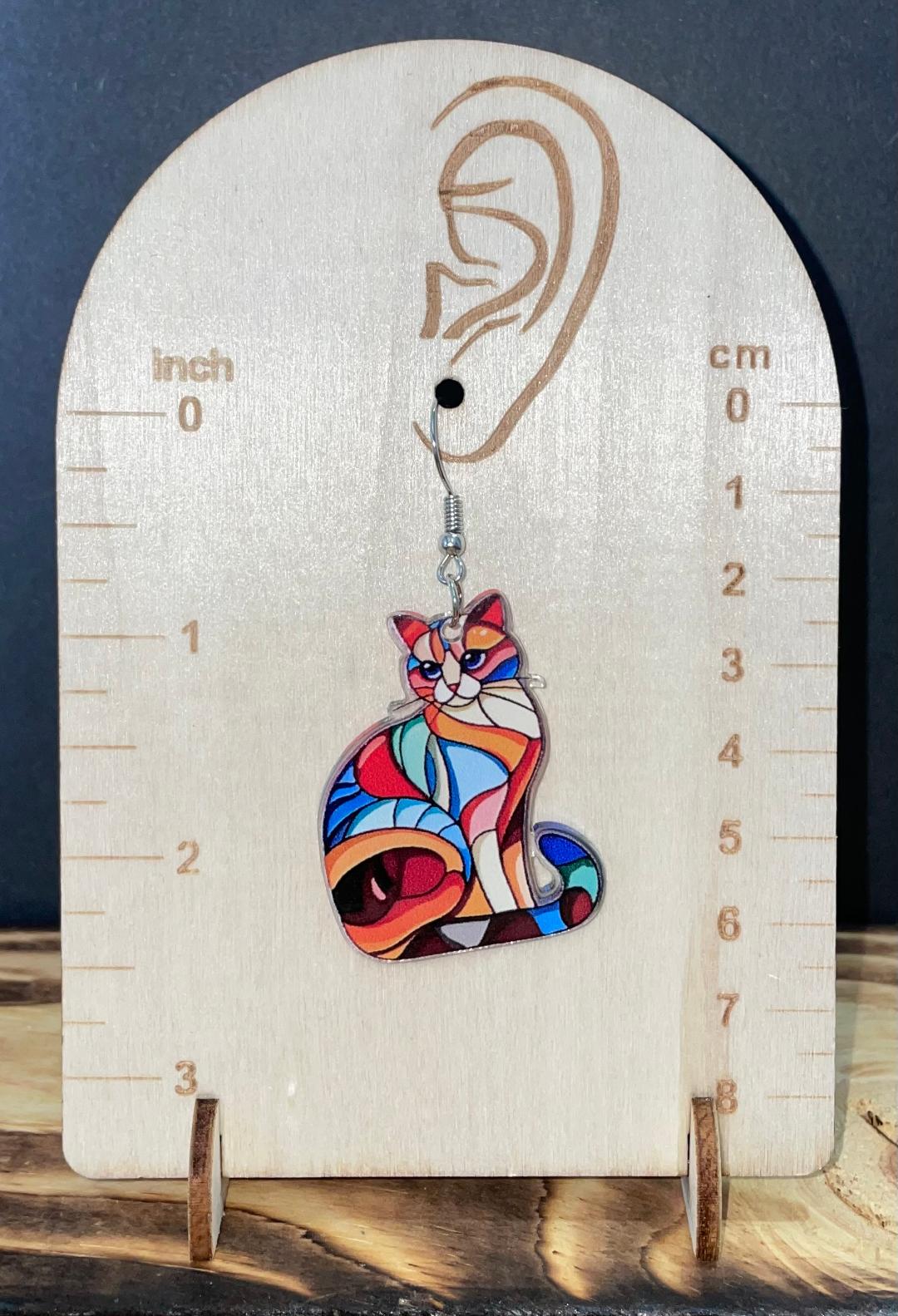 NEW Stained Glass Style Acrylic Colorful Cat Earrings