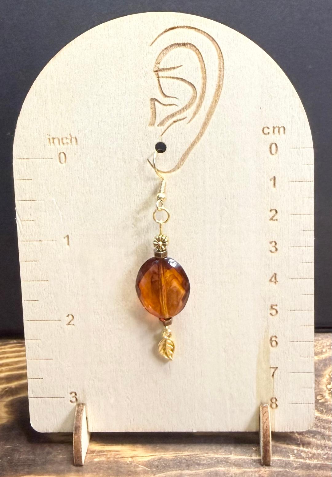NEW Oval Amber Acrylic Faceted Bead Earrings w/ Leaf Charms
