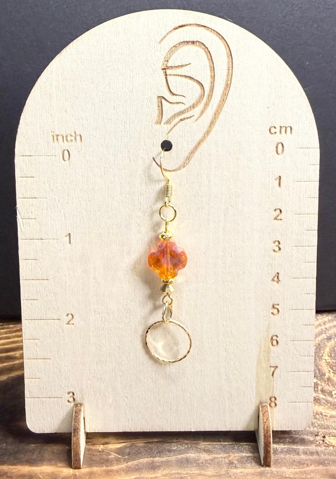 NEW Amber Quatrefoil Pattern Glass Bead w/ Gold Etched Ring Earrings