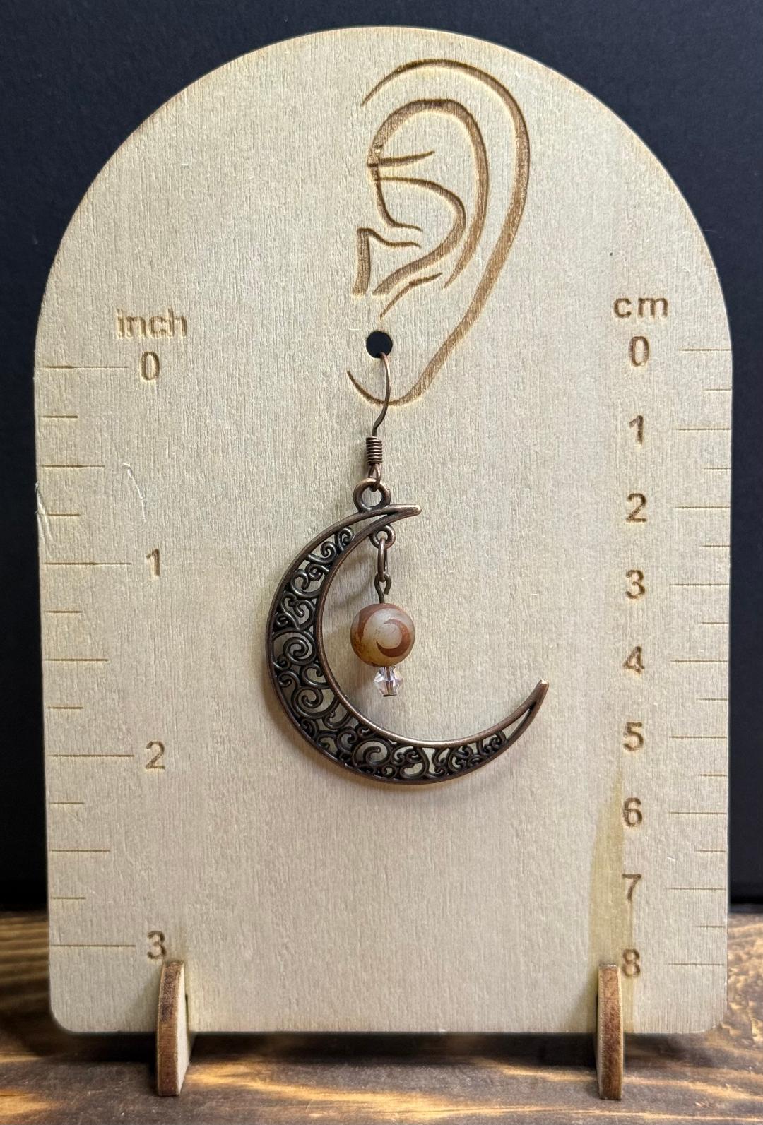NEW Antique Bronze Filigree Crescent Moon Earrings w/ Agate & Glass Beads
