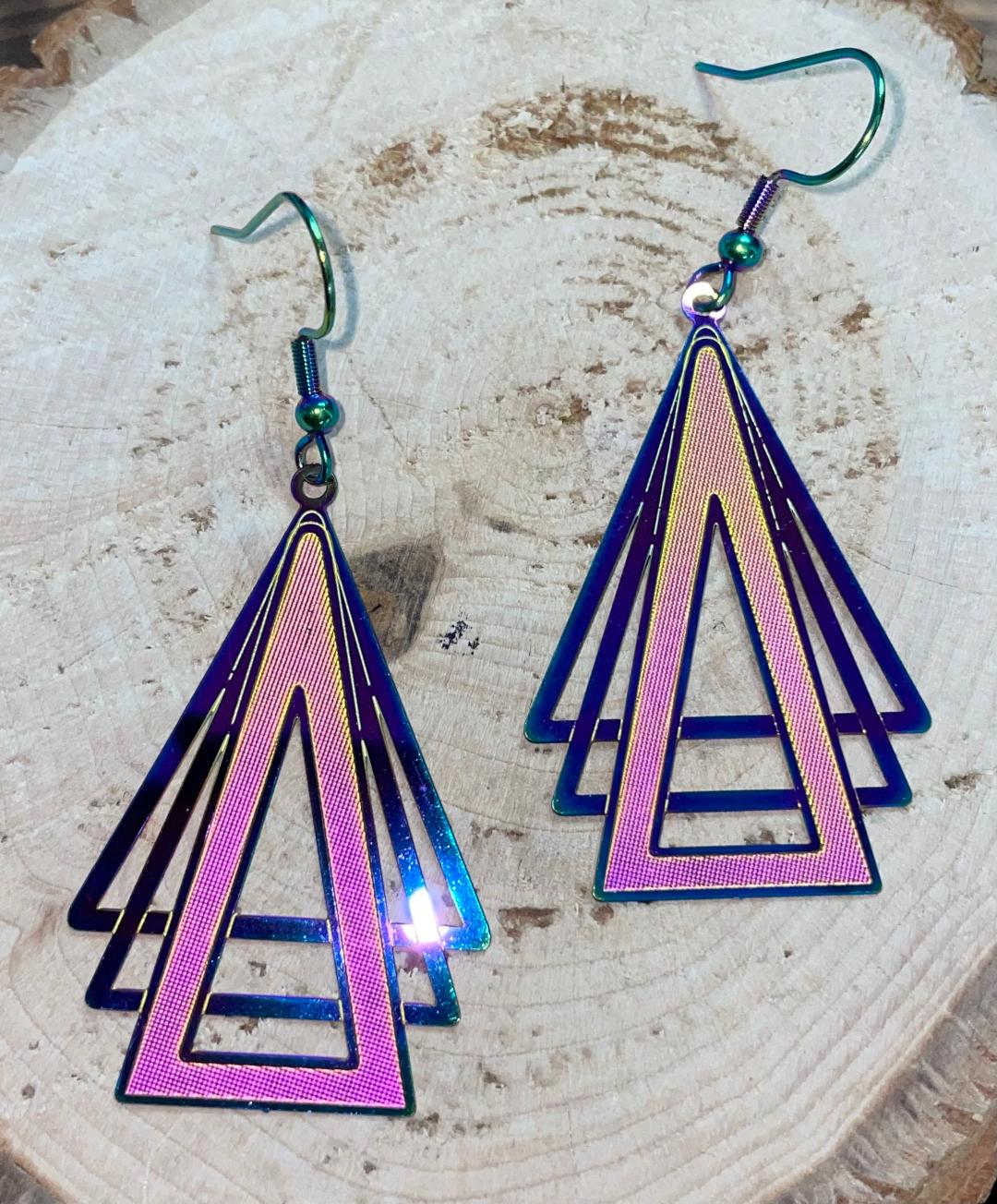NEW Art Deco Triangle Iridescent Laser Cut Drop Earrings