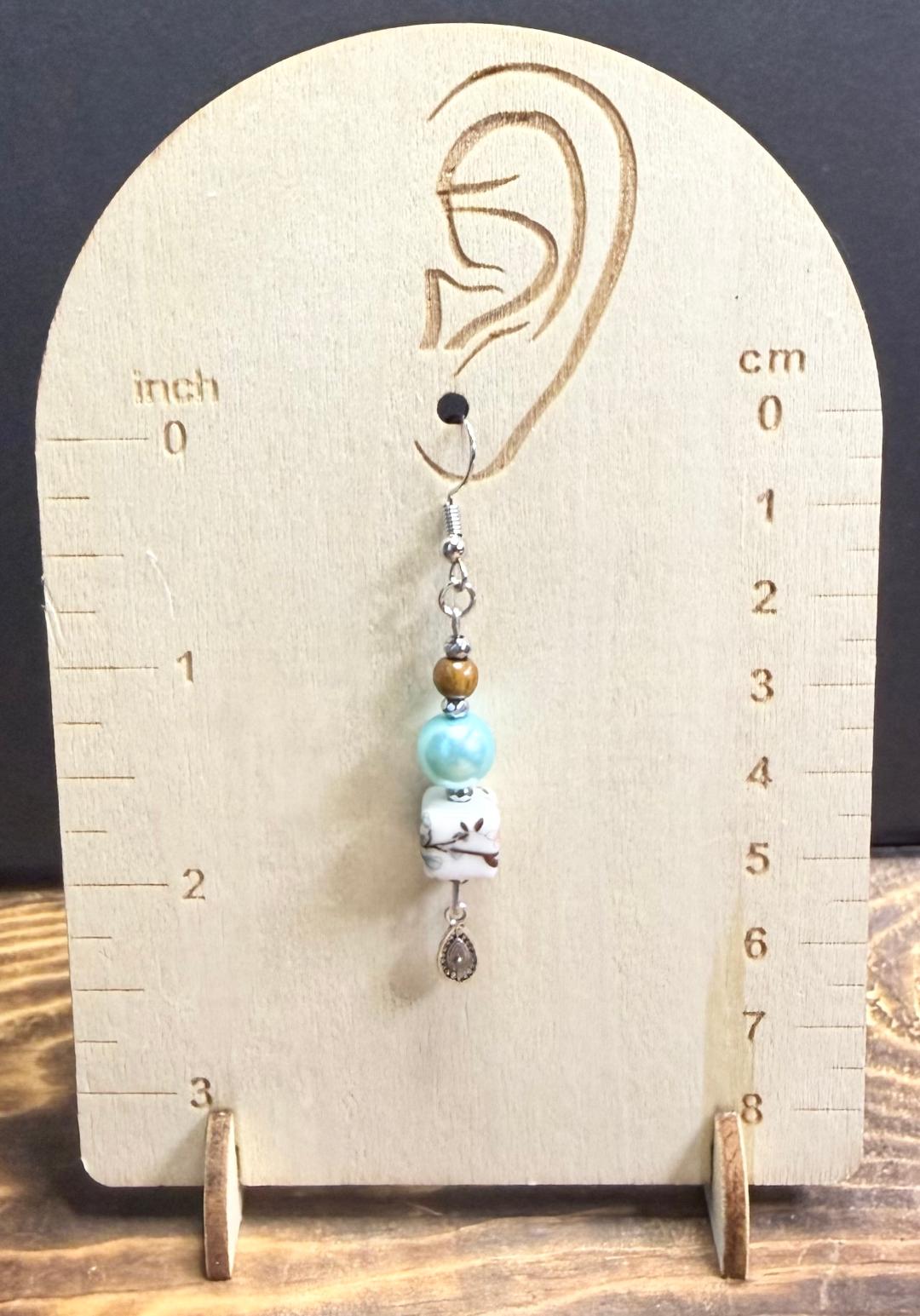NEW Asian Style Square Porcelain Earrings w/ Wood & Glass Beads