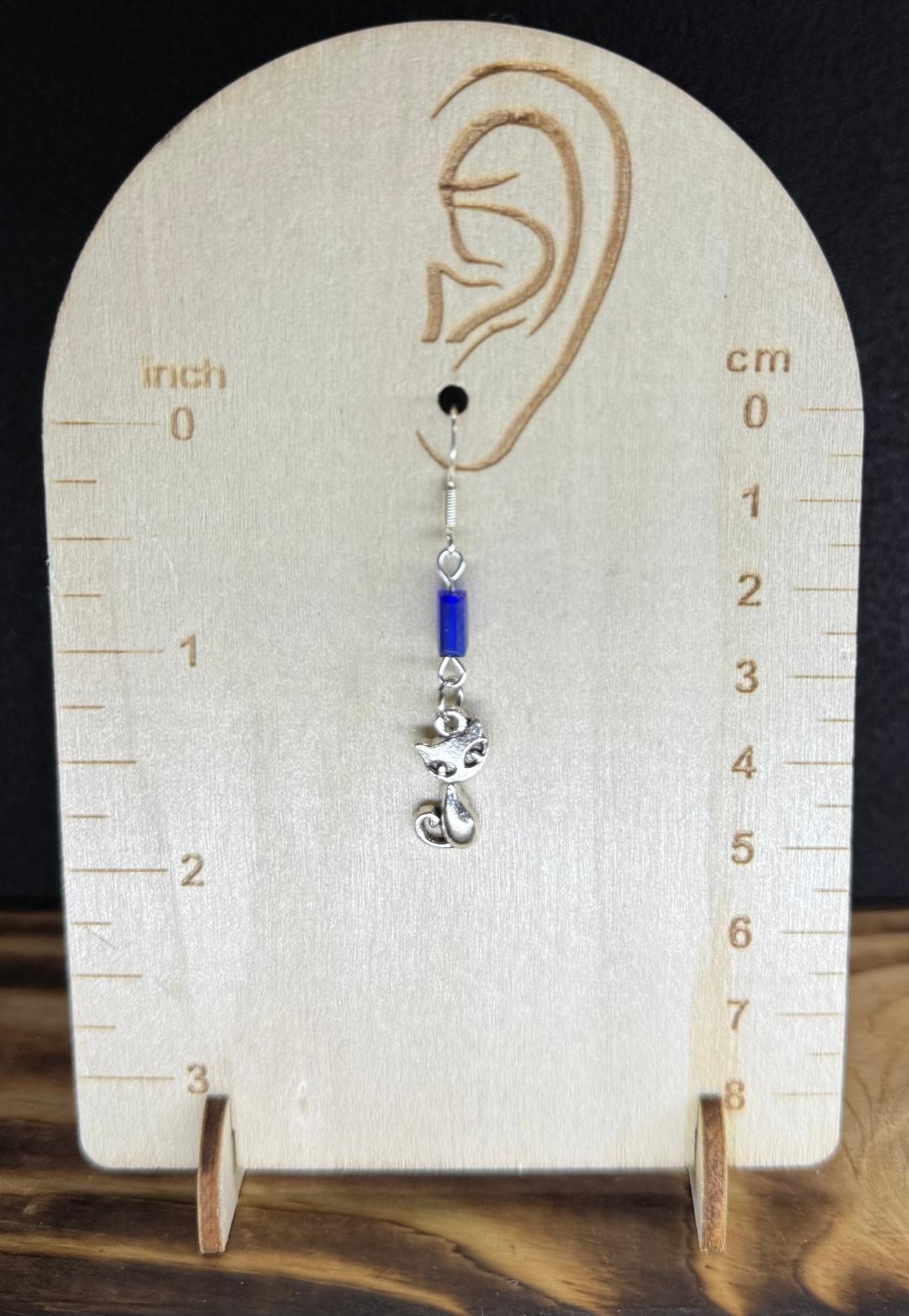 NEW Silver Tone Retro Atomic Cat Earrings w/ Blue Glass Beads