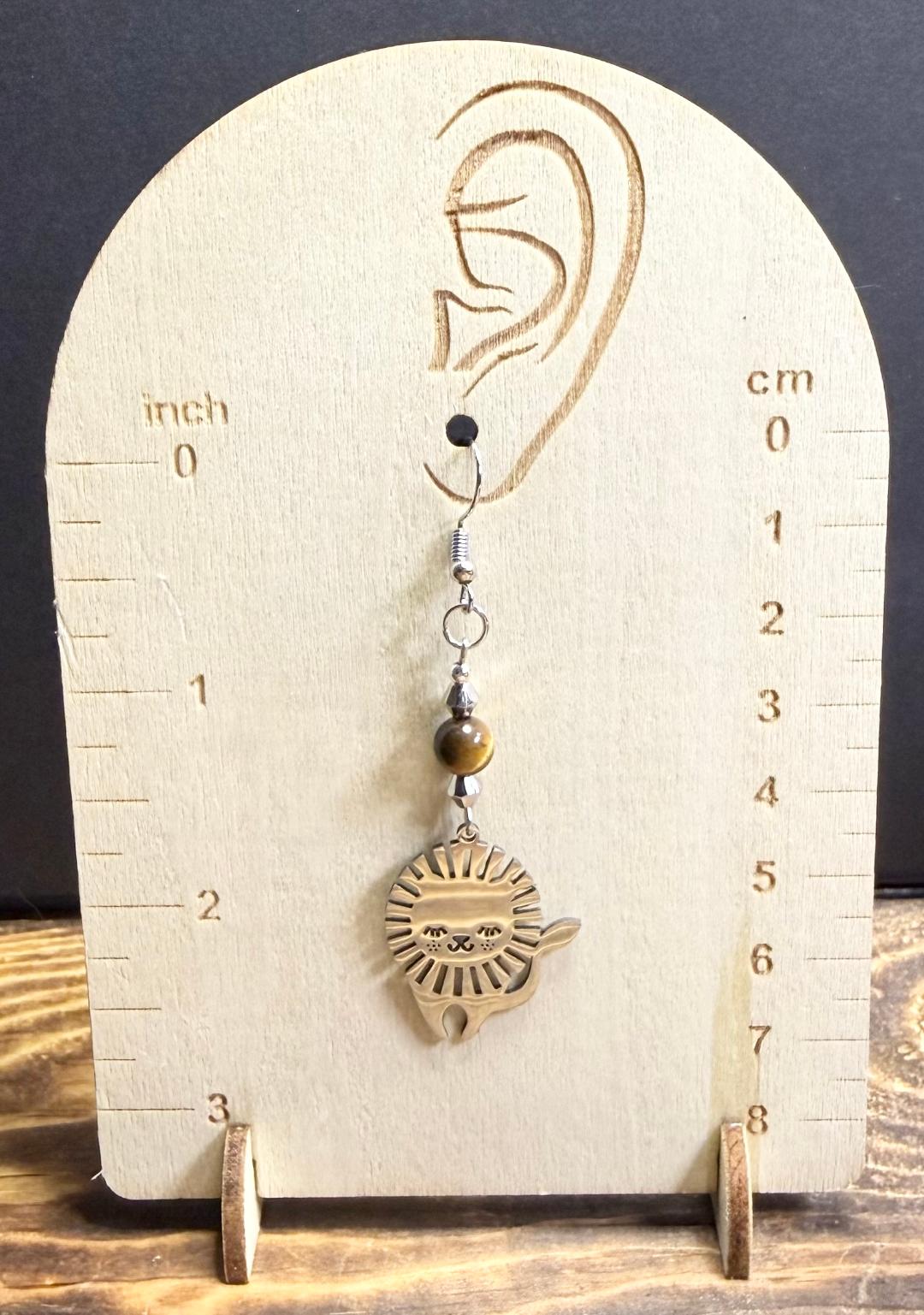 NEW Baby Lion Stainless Steel Charm Earrings w/ Tiger's Eye Glass Beads
