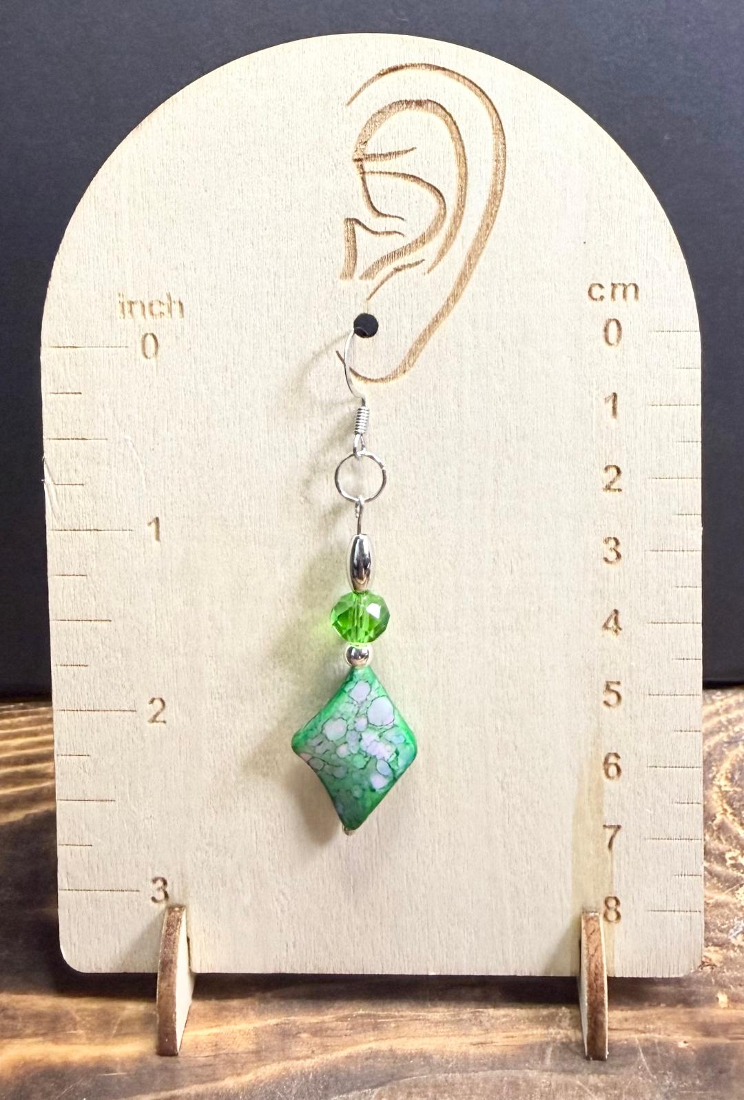 NEW Bandhani Style Green Diamond Shape Earrings w/ Glass Beads
