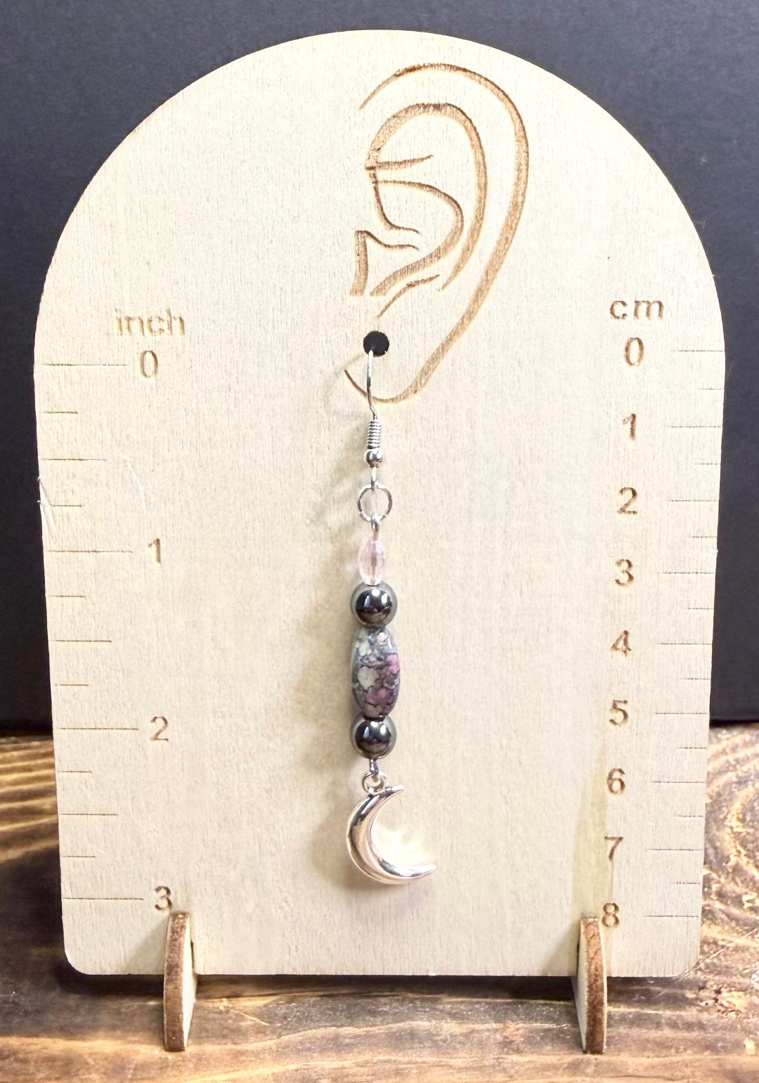 NEW Bandhani Style Gray & Pink Oval Bead Earrings w/ Silver Crescent Moon Charm