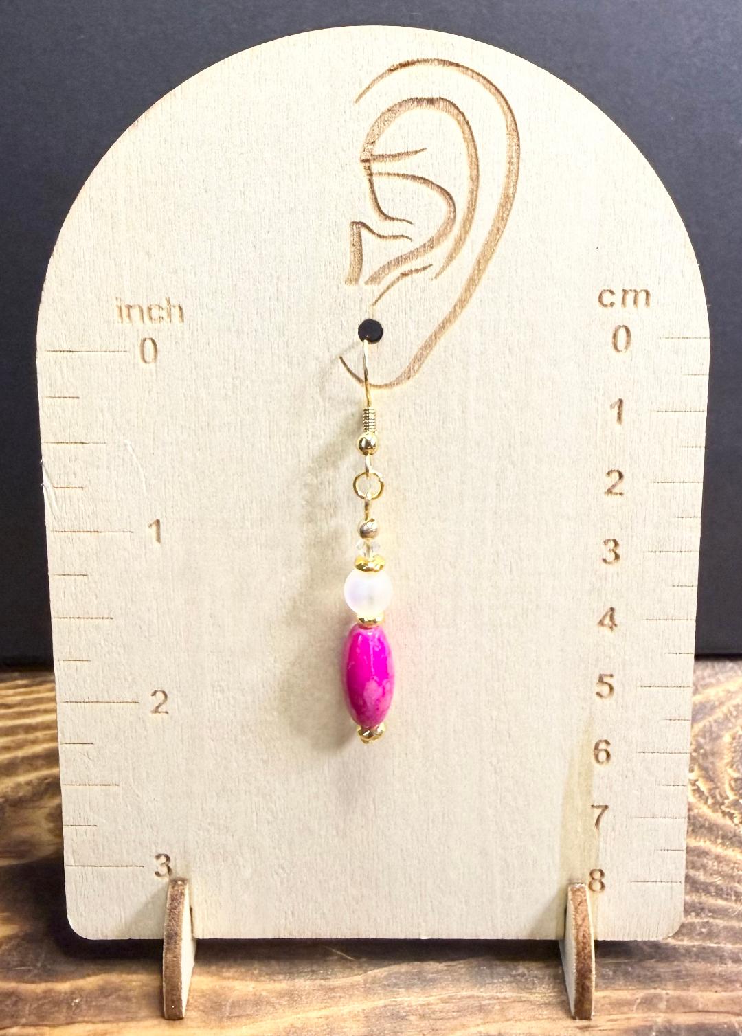 NEW Bandhani Style Hot Pink Oval Rice Bead Earrings w/ Frosted White Glass Beads
