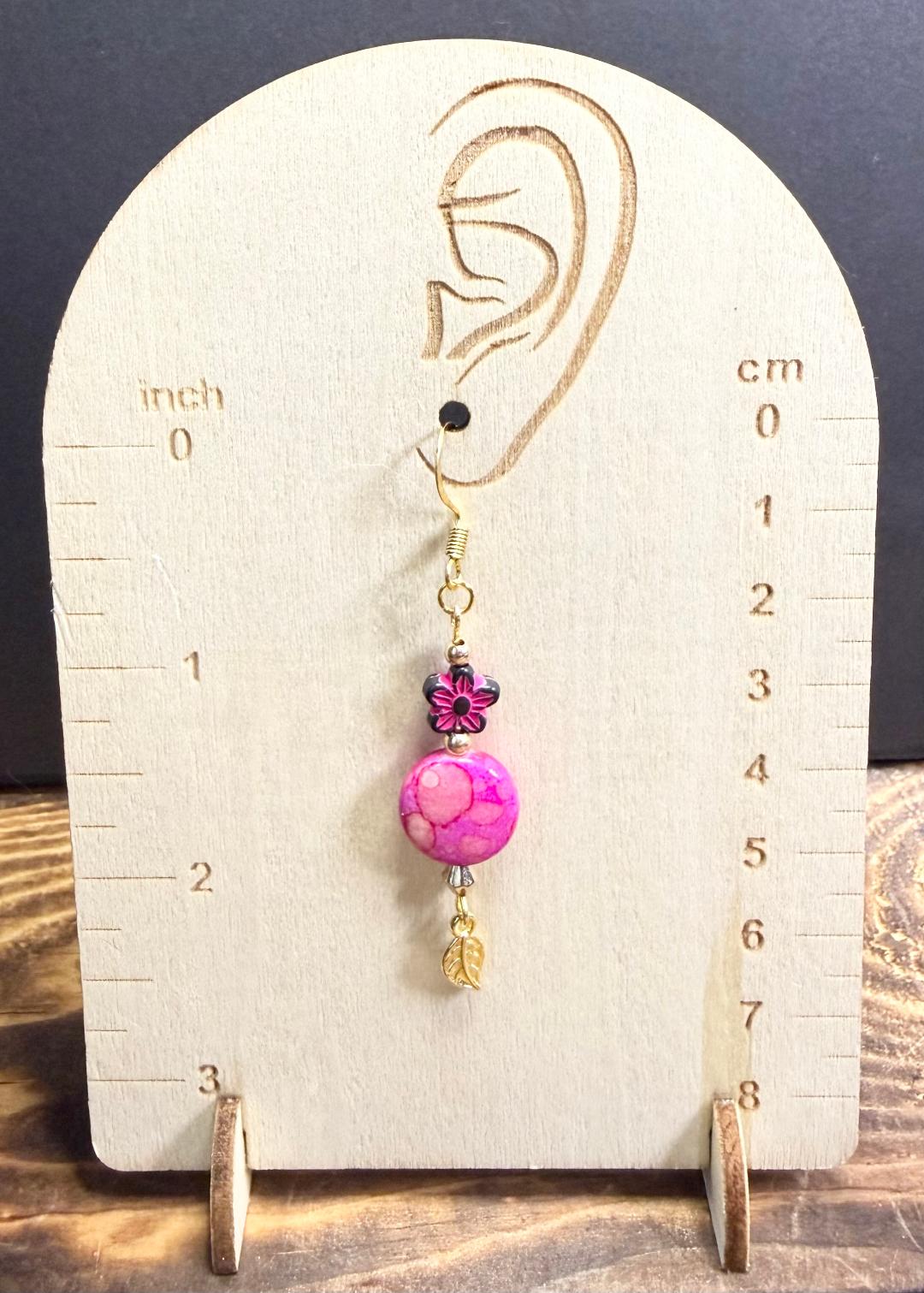 NEW Bandhani Style Hot Pink Round Earrings w/ Flower Bead & Leaf Charms