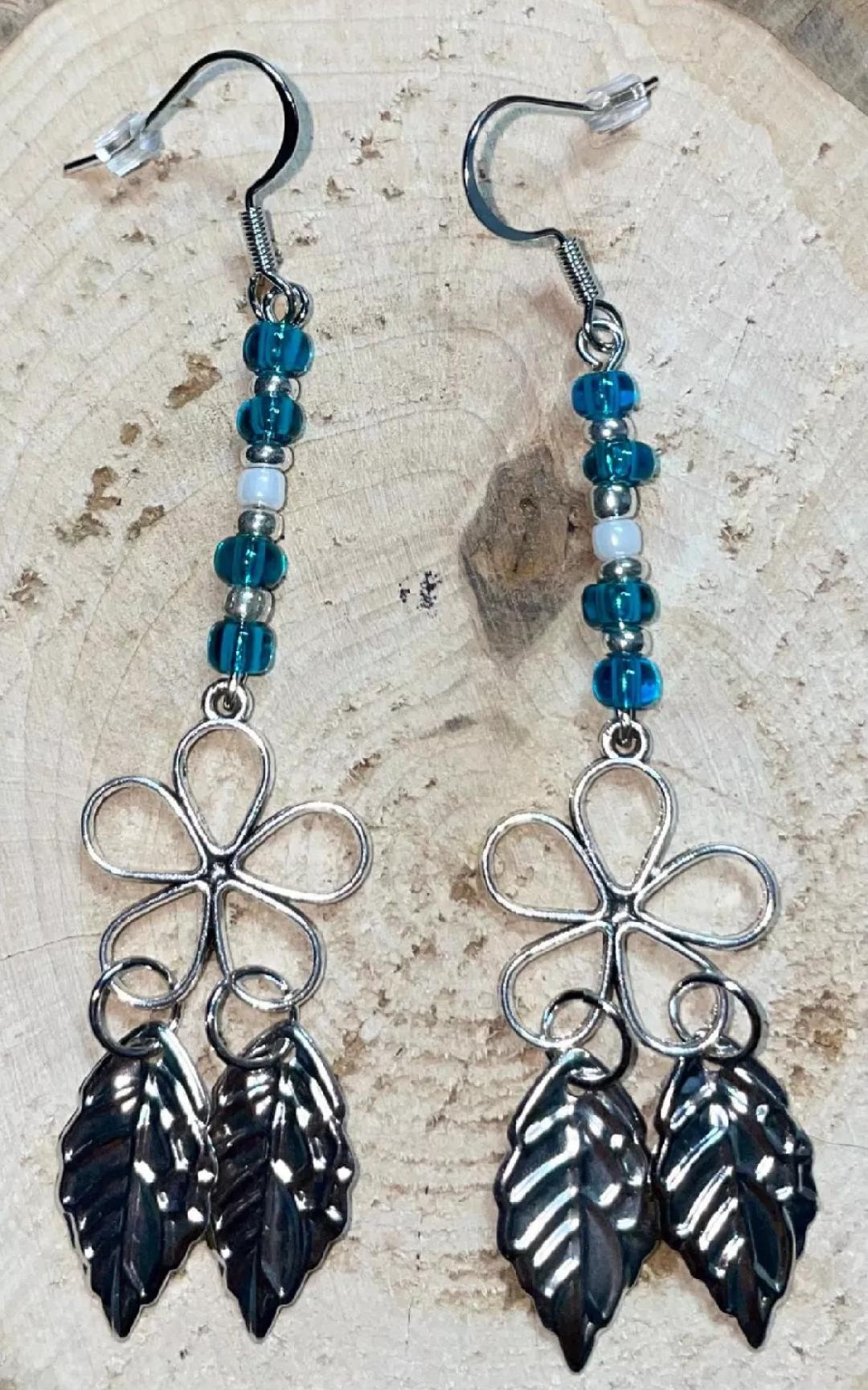 NEW Boho Silver Tone Flowers, Leaves, Beads, Extra Long Dangle Drop Earrings