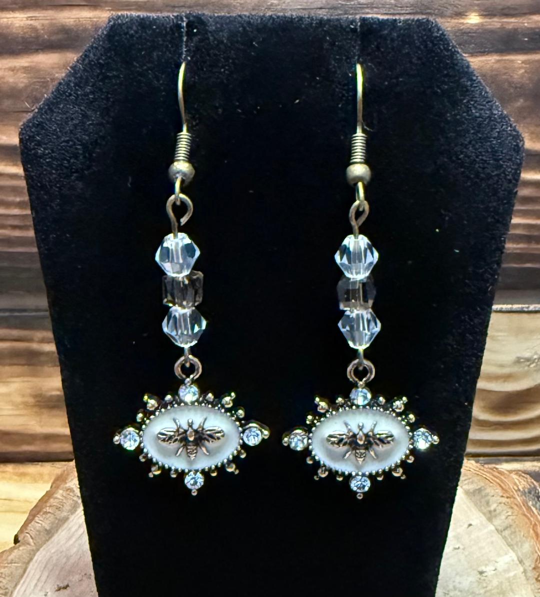 NEW Oval Bee & Bead / Rhinestone Earrings