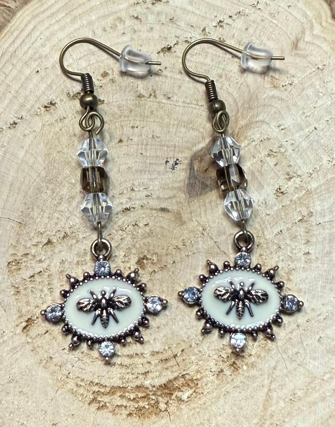 NEW Oval Bee & Bead / Rhinestone Earrings