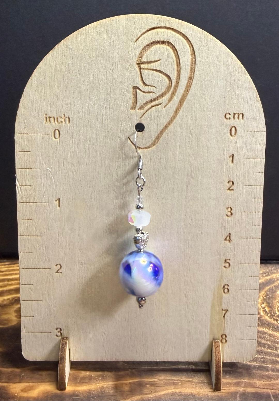 NEW Blue & White Tie Dye Round Ball Earrings w/ Heart Beads