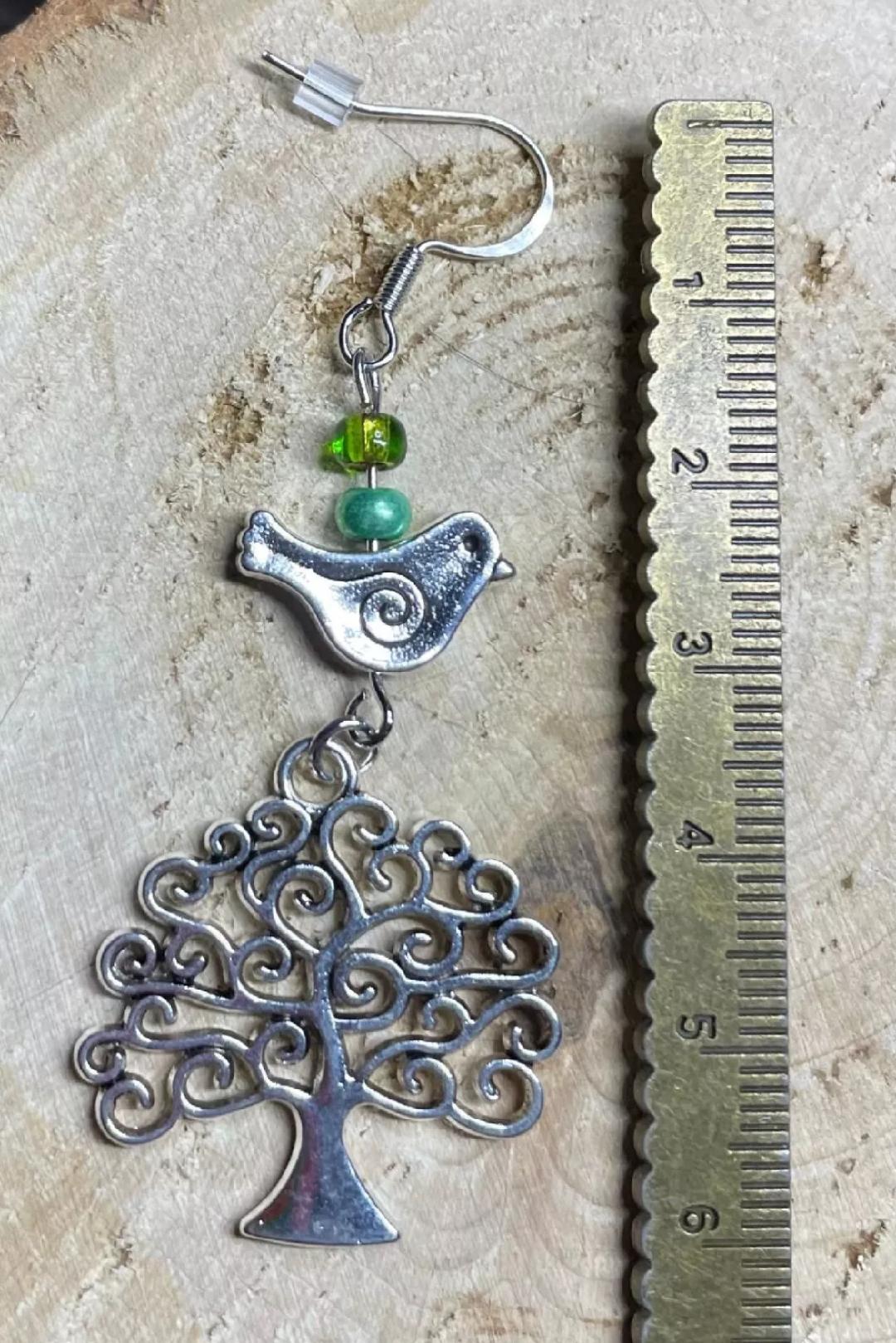 NEW Beads, Birds & Trees Silver Tone Dangle Earrings