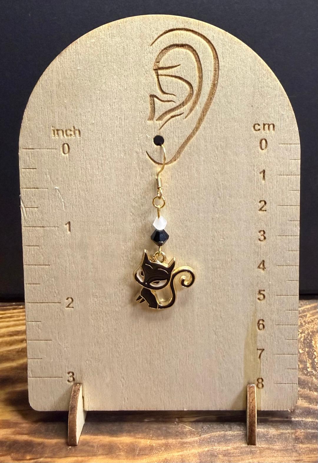 NEW Black Retro Atomic Sassy Cat Earrings w/ Black & White Glass Beads