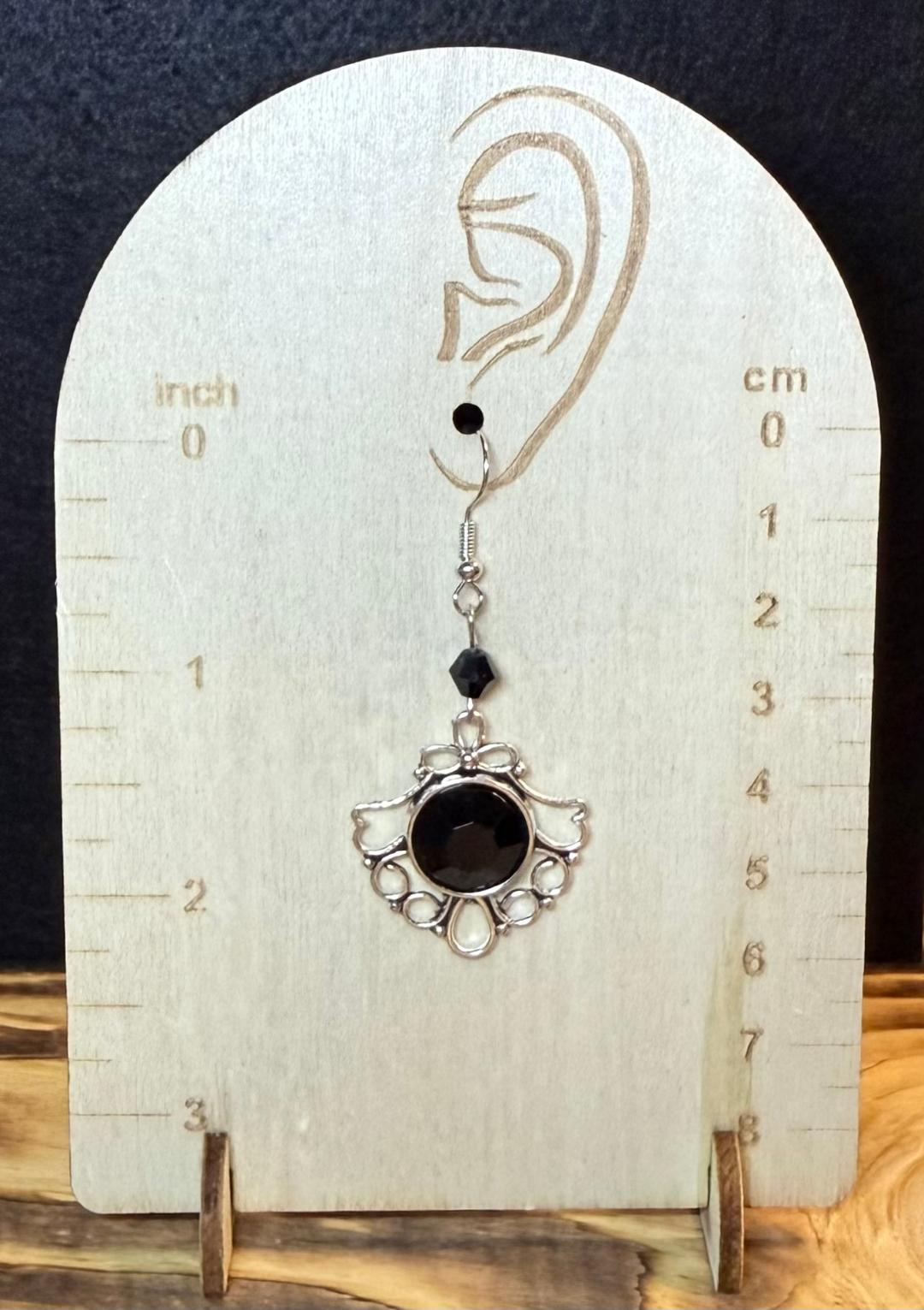 NEW Black Faceted Gem Center & Small Black Bead Earrings in Filigree Setting