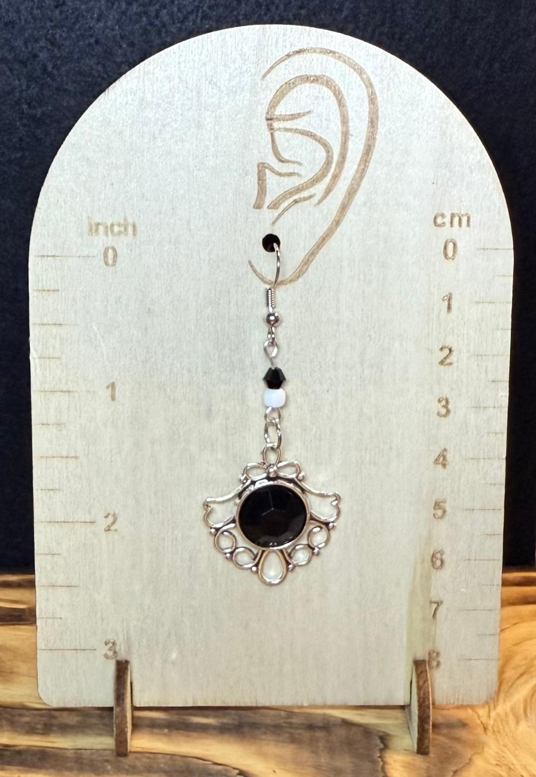 NEW Black Faceted Gem Center & Beaded Earrings in Filigree Setting