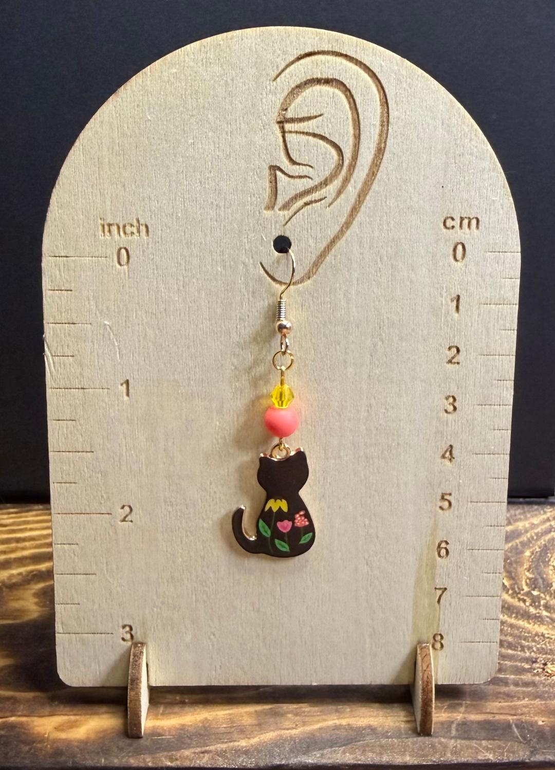 NEW Floral Black Cat Earrings w/ Coral Matte Glass & Yellow Beads