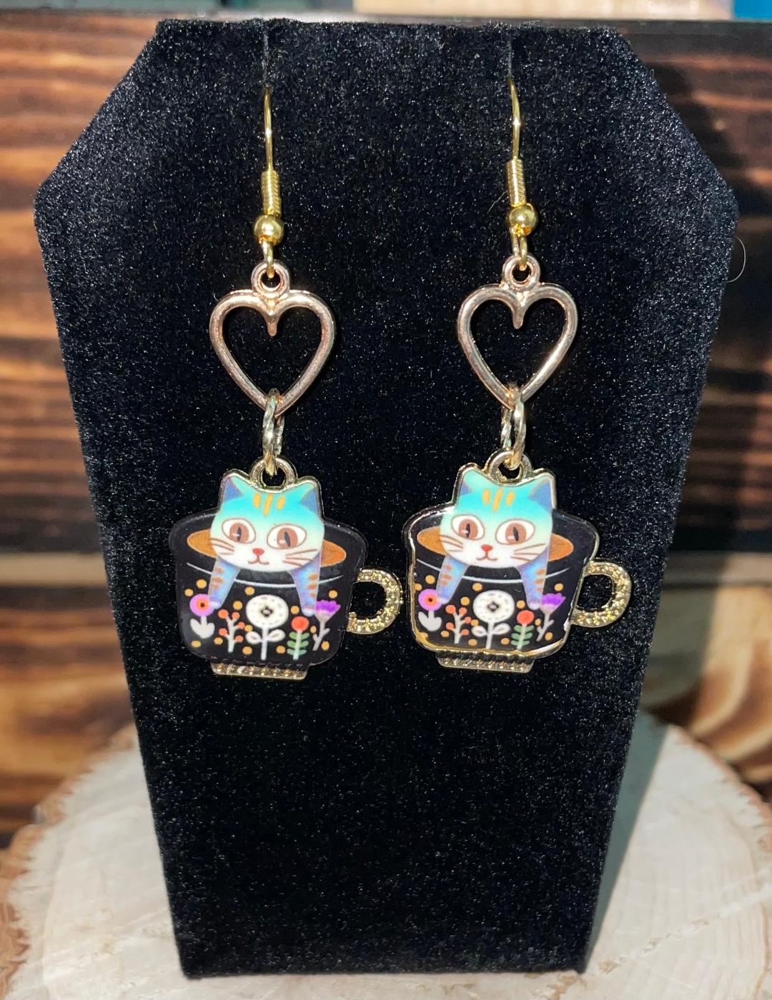 NEW Enamel Flower Teacup Kitty Cat Drop Dangle Earrings