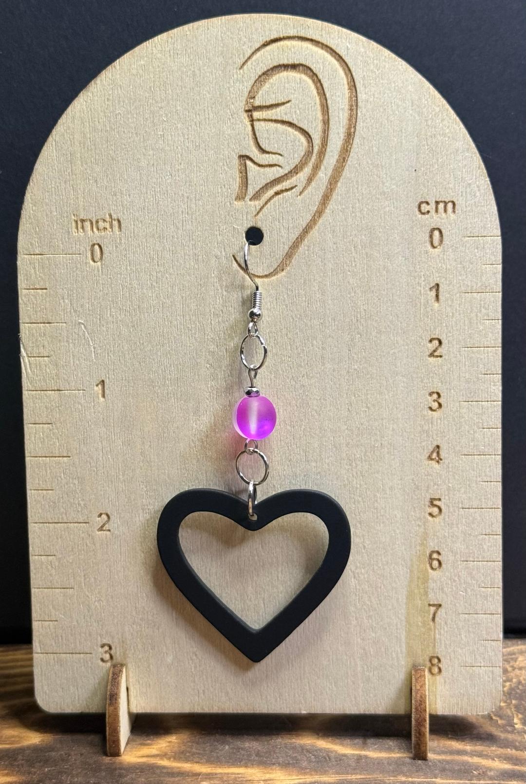 NEW Black Hollow Heart Shape Earrings w/ Frosted Two Tone Magenta Glass Beads