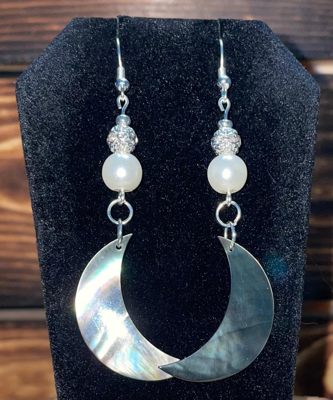 NEW Natural Black Lip Shell Moon Earrings w/ White Beads