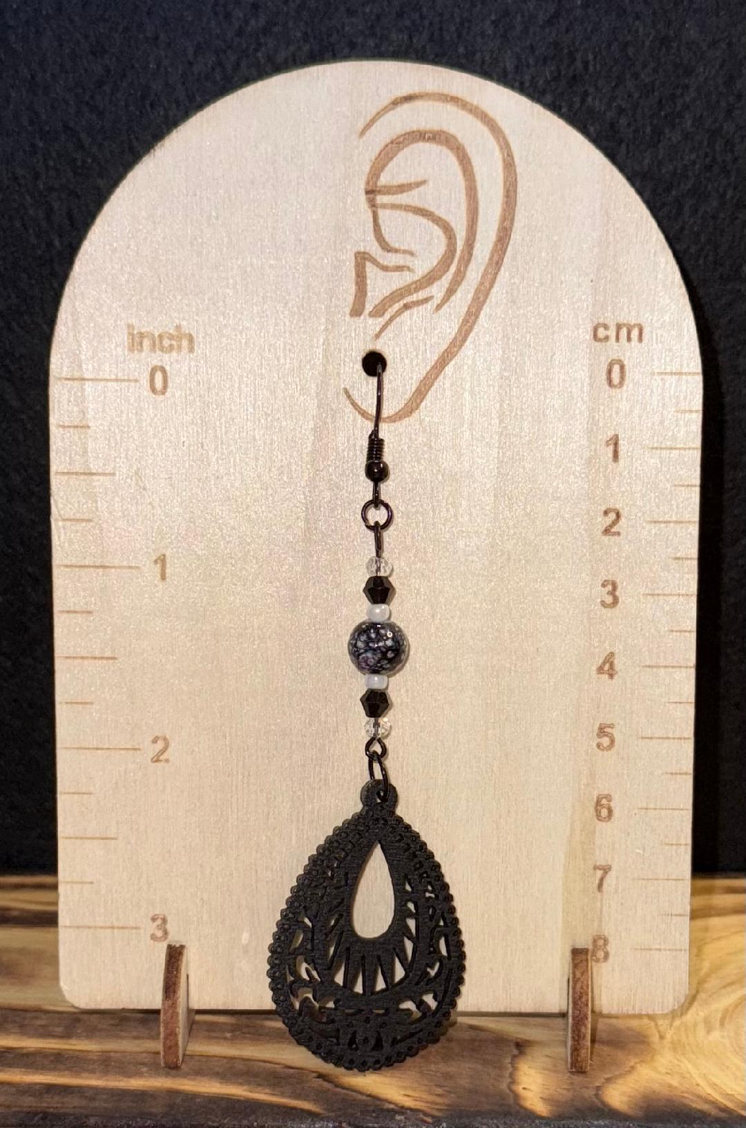 NEW Fancy Cut Black Wood Teardrop & Marbled Glass Bead Earrings