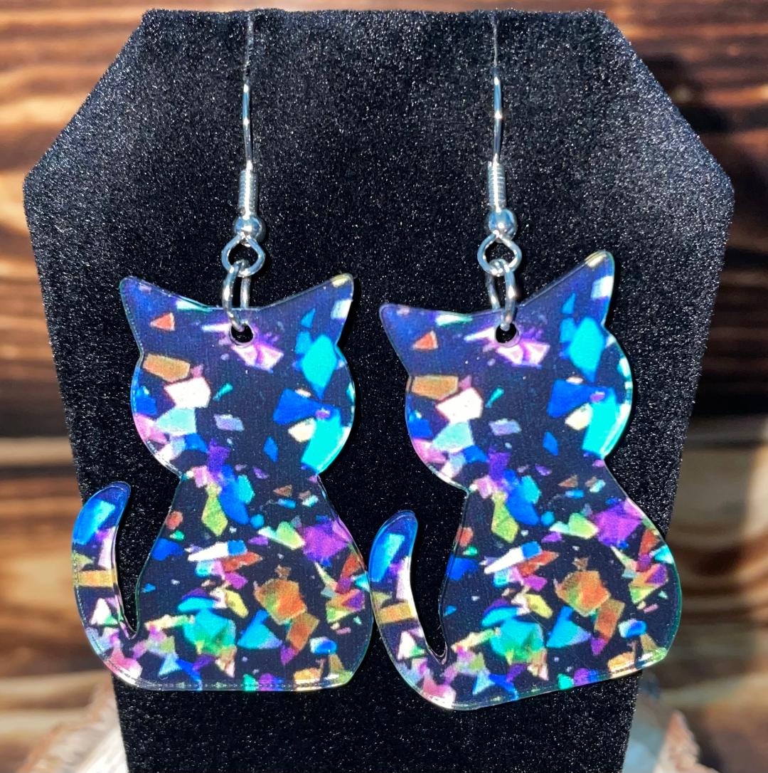 NEW Double Sided Blue Confetti Acrylic Cat Earrings