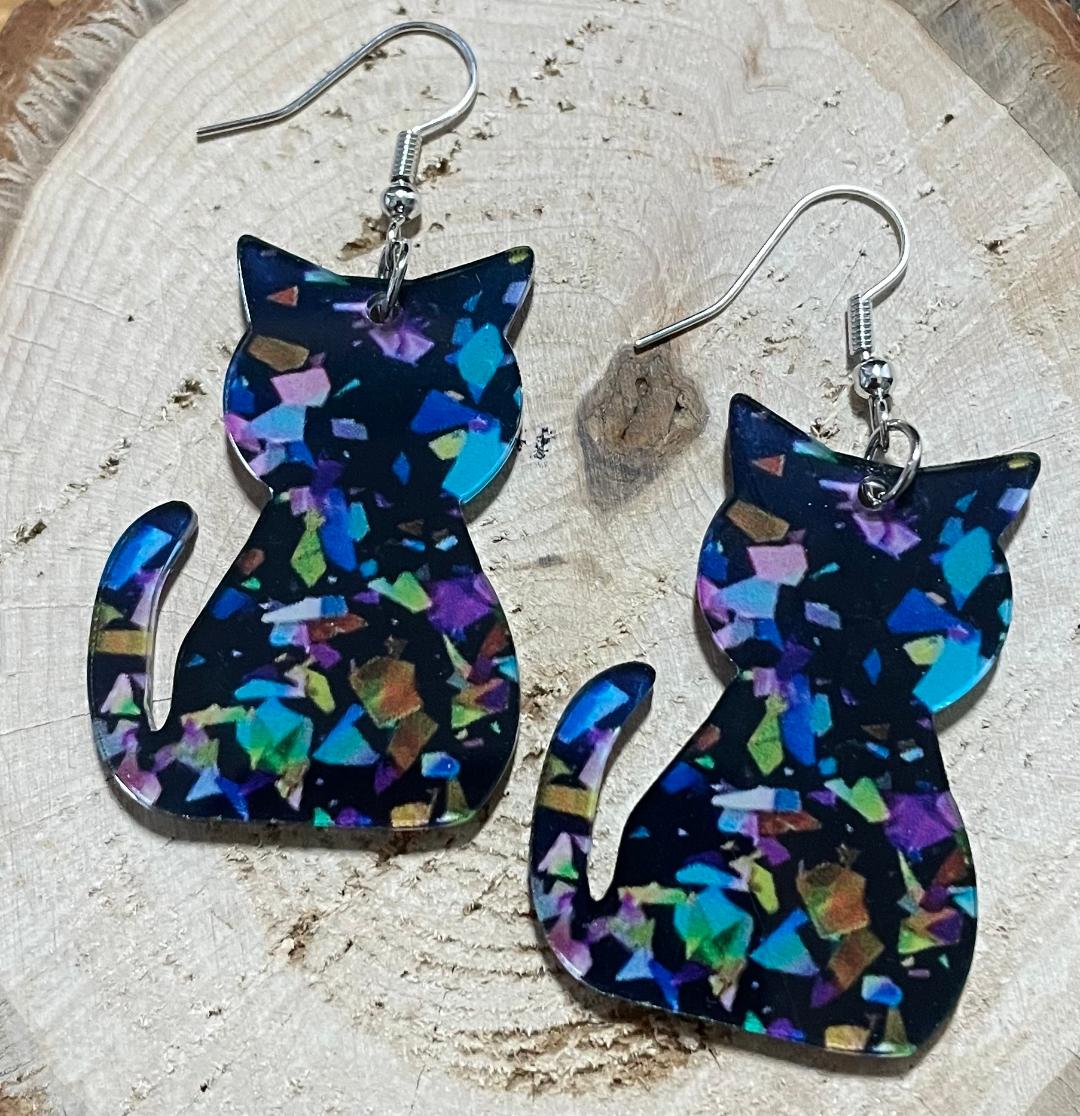 NEW Double Sided Blue Confetti Acrylic Cat Earrings