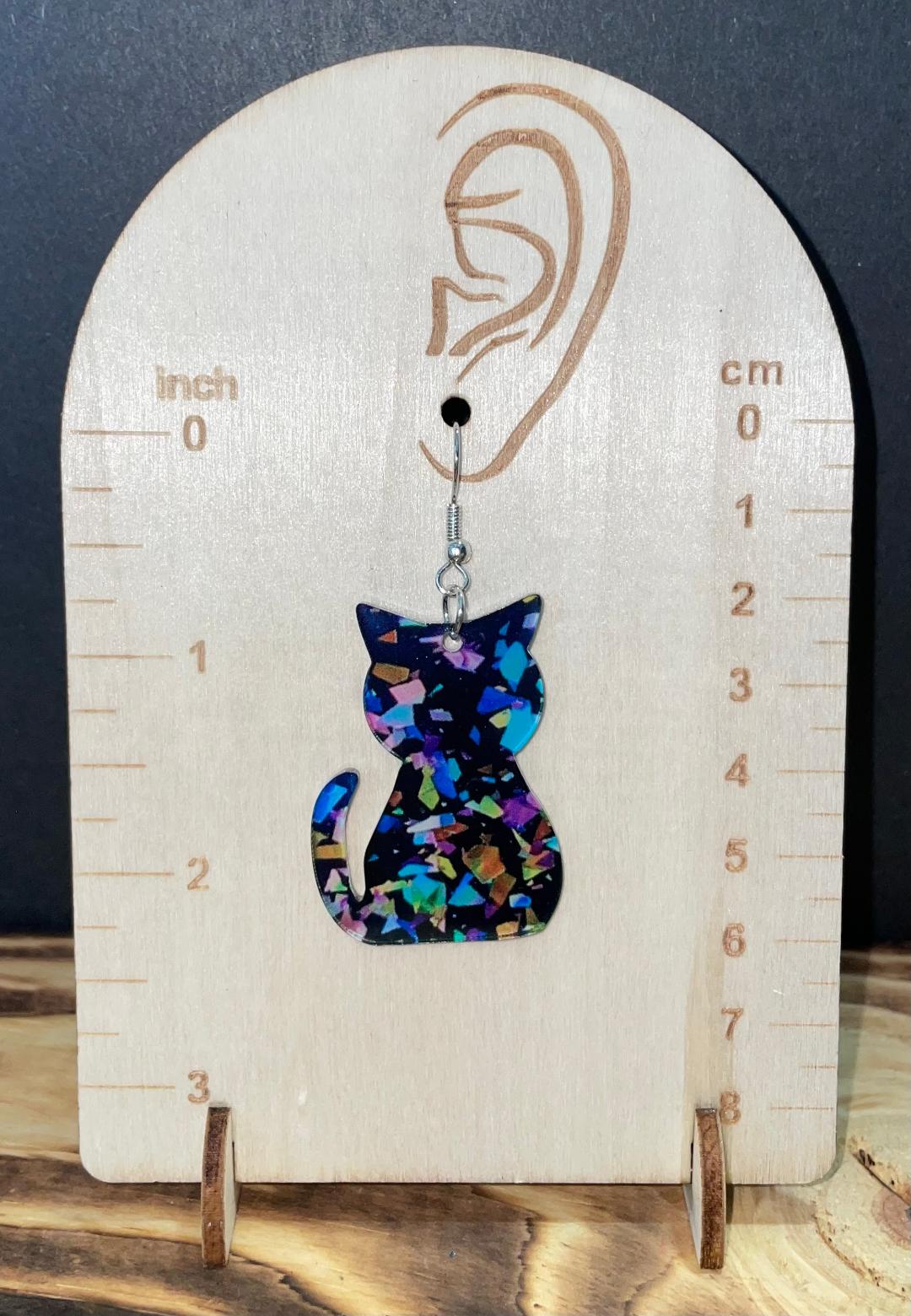 NEW Double Sided Blue Confetti Acrylic Cat Earrings