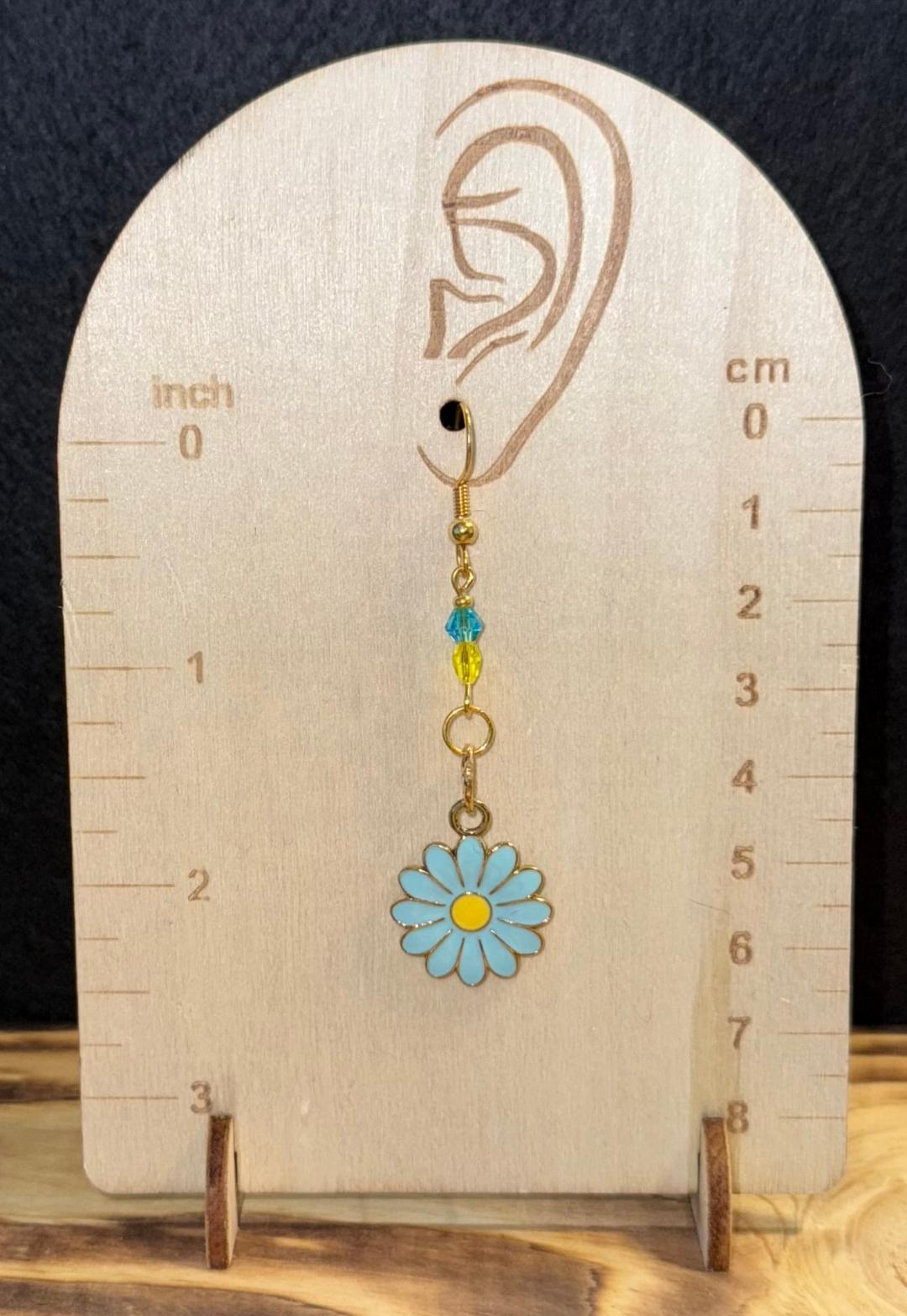 NEW Blue Enamel Daisy Charm Earrings w/ Yellow & Blue Faceted Beads