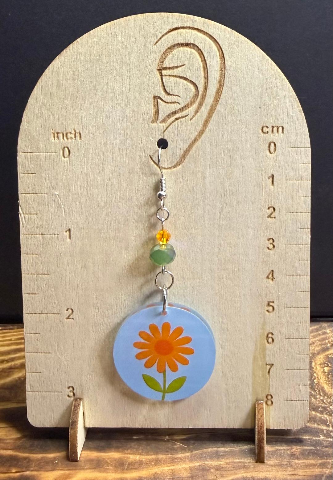 NEW Orange Daisy Acrylic Earrings w/ Green & Orange Beads