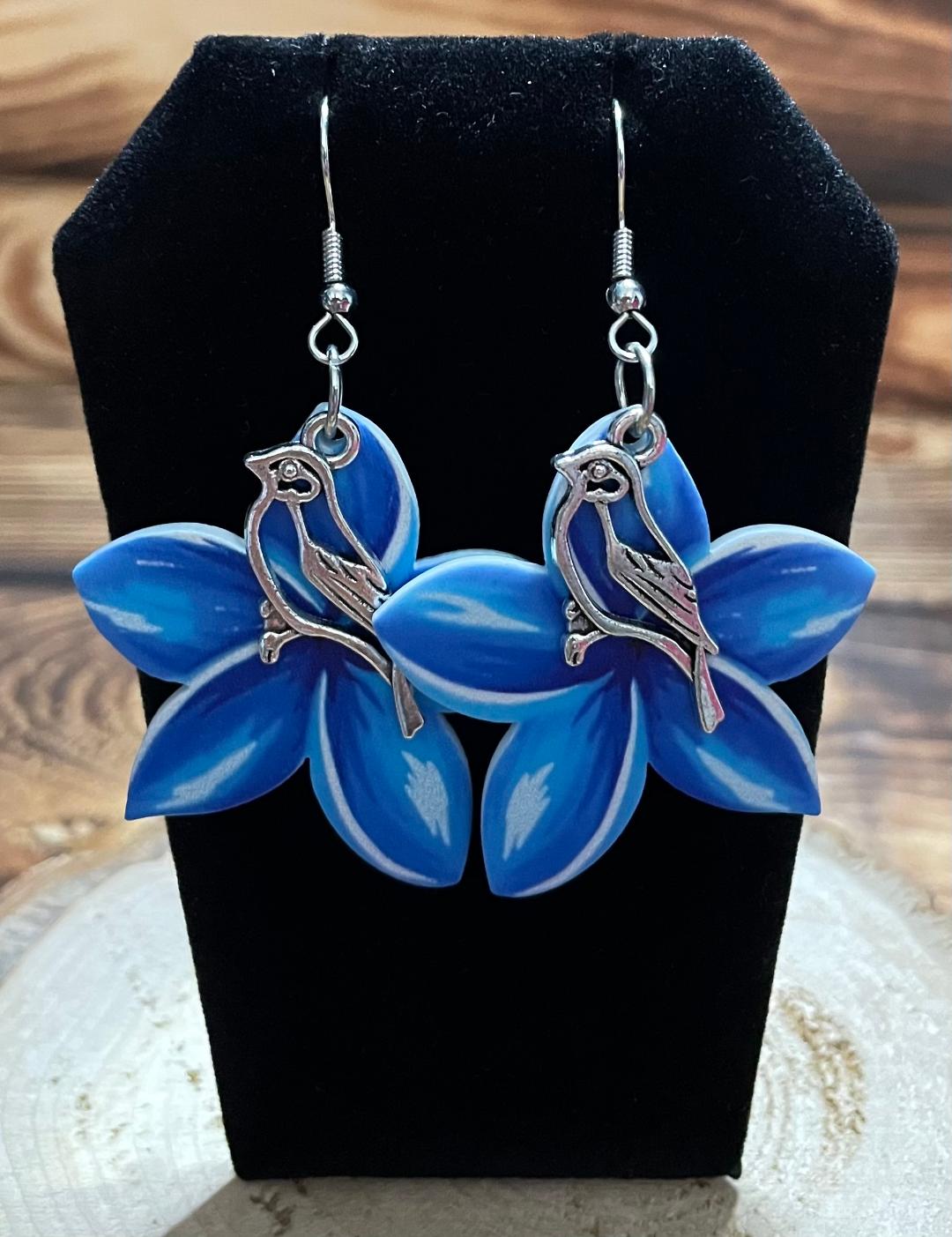 NEW Double Sided Acrylic Blue Flower Earrings w/ Small Bird Accent Charms