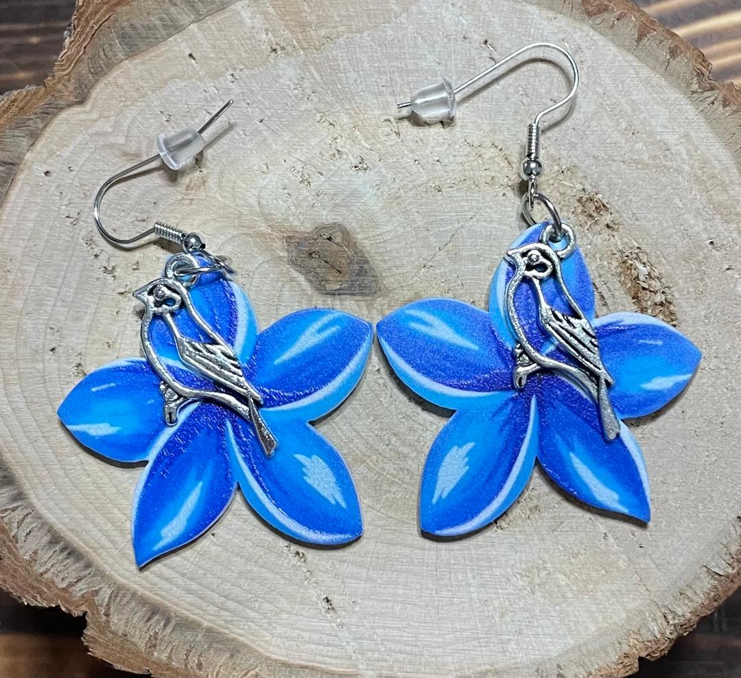 NEW Double Sided Acrylic Blue Flower Earrings w/ Small Bird Accent Charms
