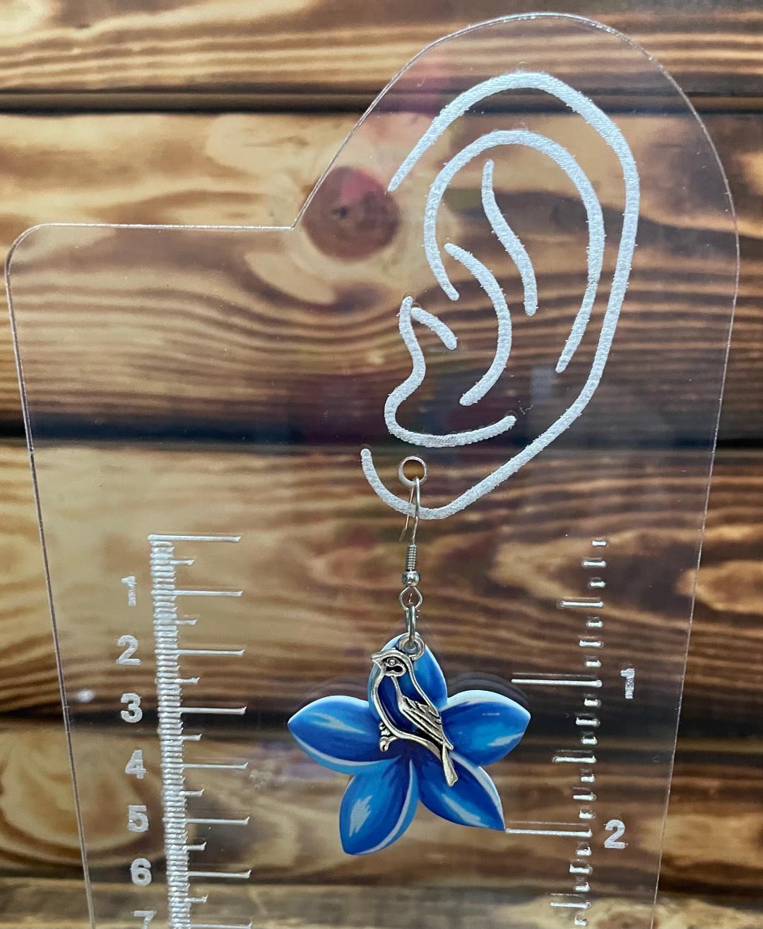 NEW Double Sided Acrylic Blue Flower Earrings w/ Small Bird Accent Charms