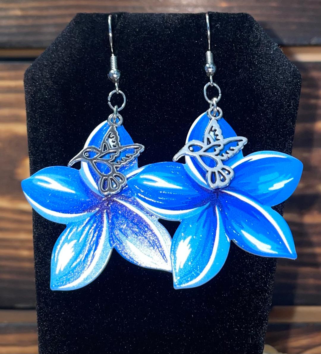 NEW Double Sided Acrylic Blue Flower Earrings w/ Hummingbird Accent Charms