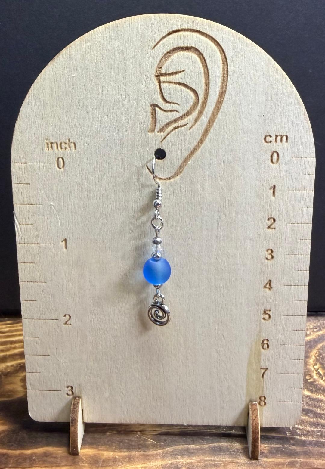 NEW Art Deco Style Frosted Blue Glass Bead Earrings w/ Swirl Charms