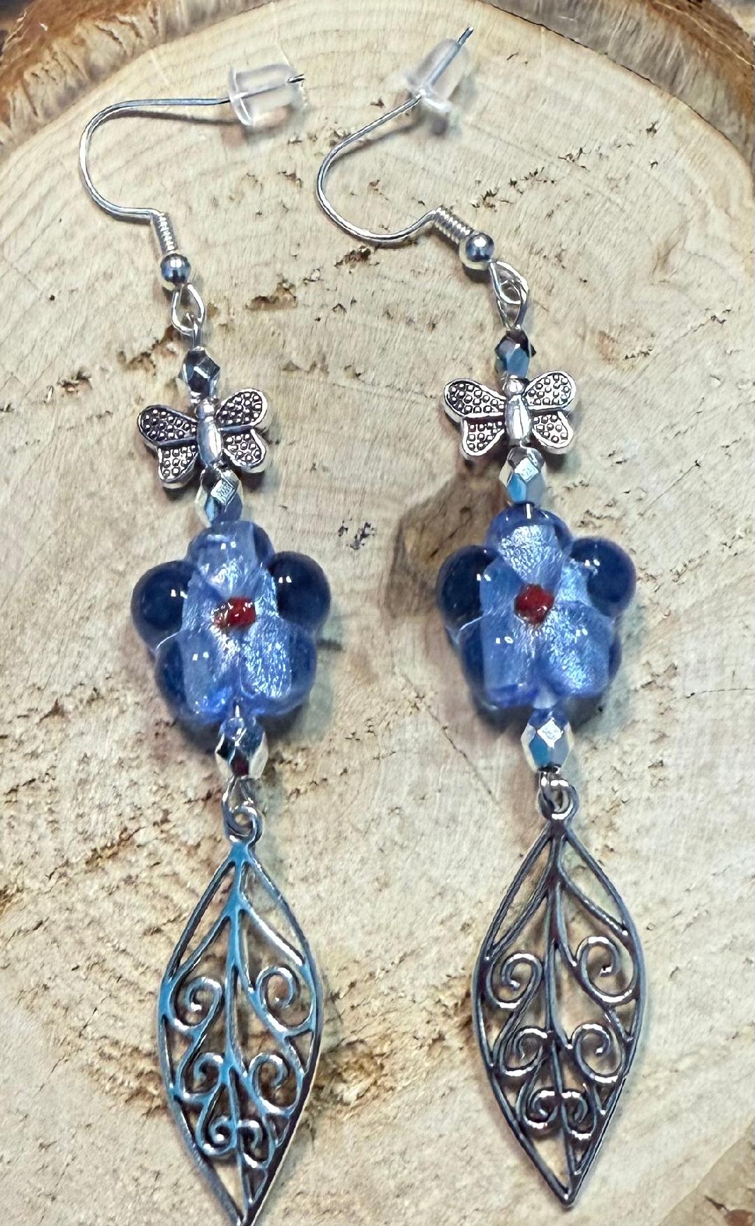 NEW Blue Glass Flower w/ Filigree Leaf & Butterfly Earrings
