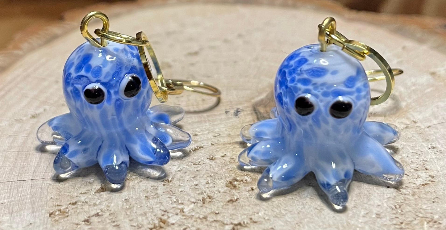 NEW Lampwork Marbled Glass Blue Octopus Earrings