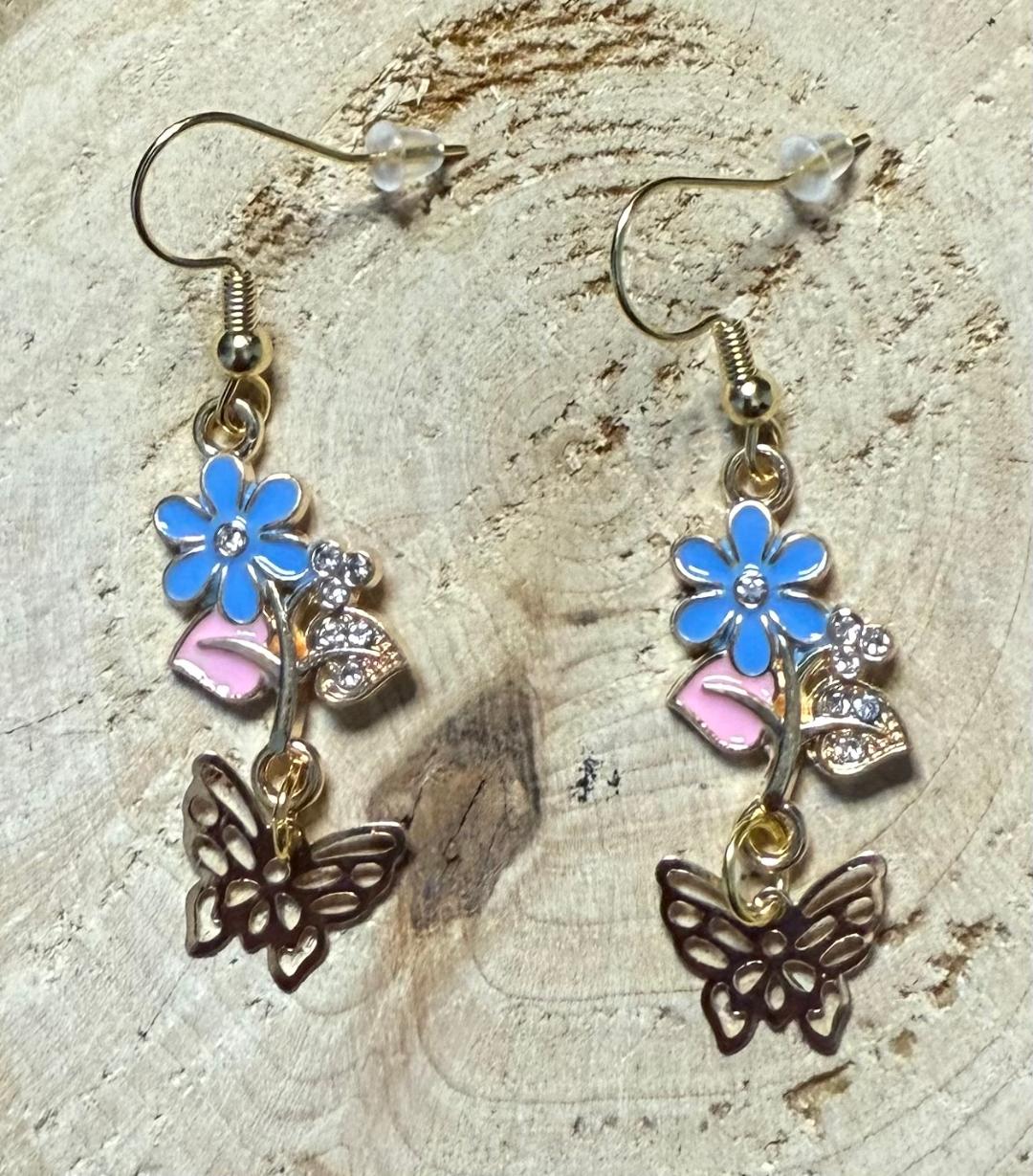 NEW Blue Flower Petal Enamel Earrings w/ Rhinestones & Butterfly Charms