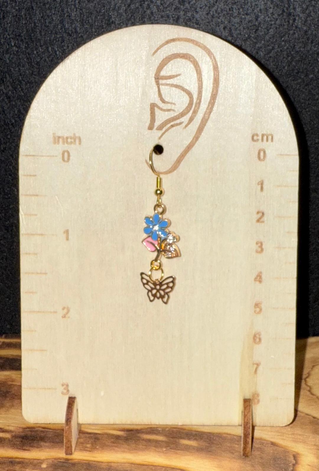 NEW Blue Flower Petal Enamel Earrings w/ Rhinestones & Butterfly Charms