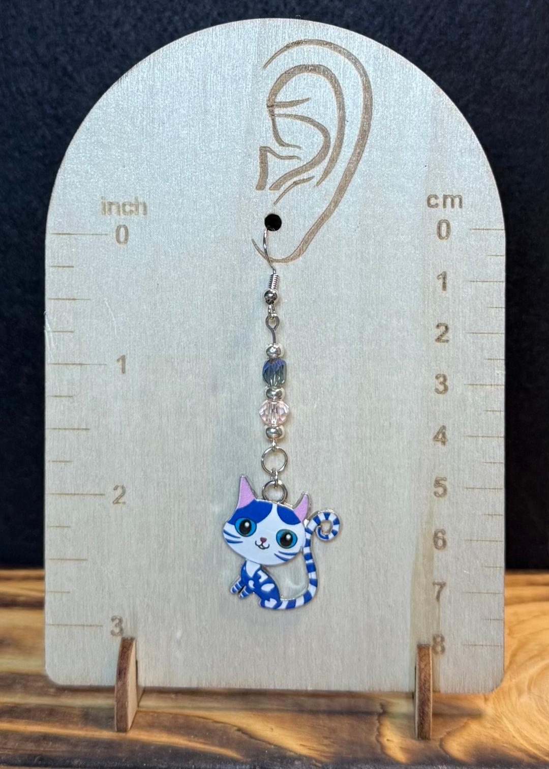 NEW Blue & Pink Cartoon Enamel Cat Kitten Earrings & Faceted Glass Bead