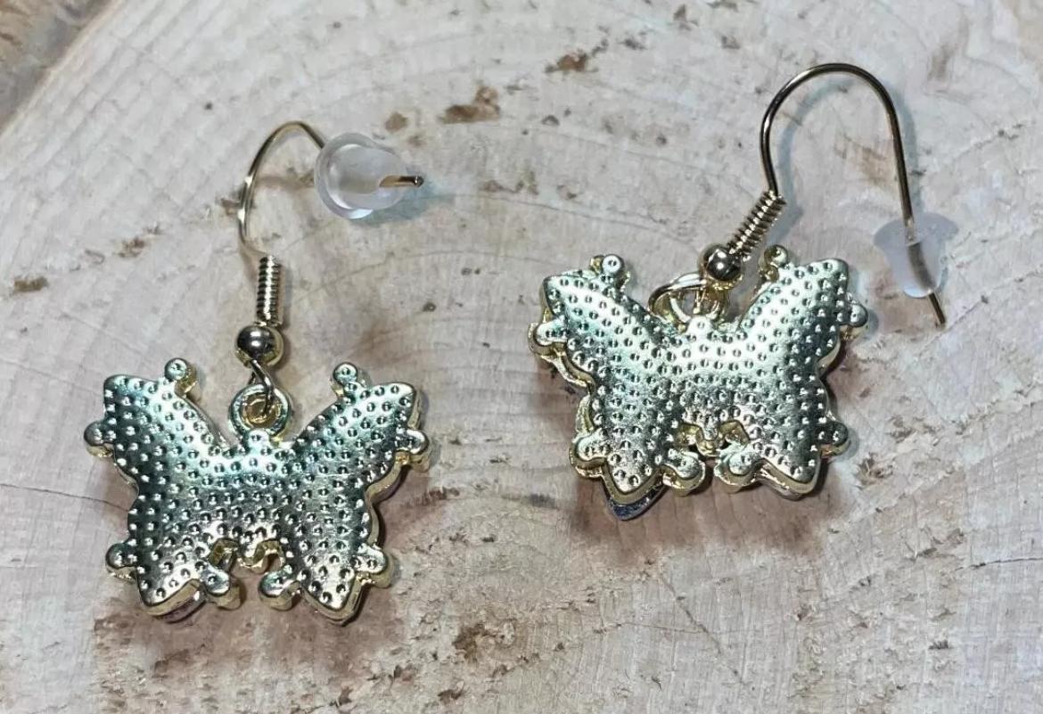 NEW Vibrant Iridescent Blue Rhinestone Butterfly & Gold Tone Earrings