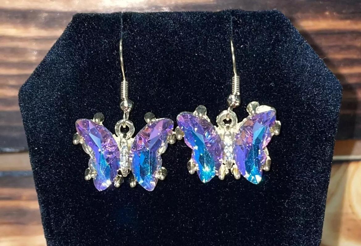 NEW Vibrant Iridescent Blue Rhinestone Butterfly & Gold Tone Earrings