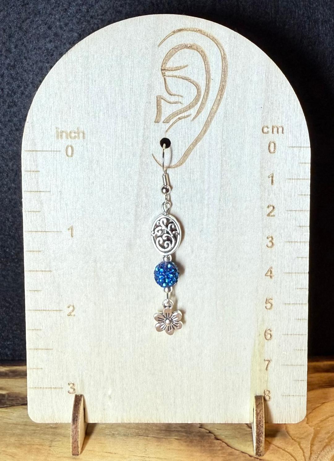 NEW Round Blue Rhinestone Beaded Earrings w/ Tiny Flowers