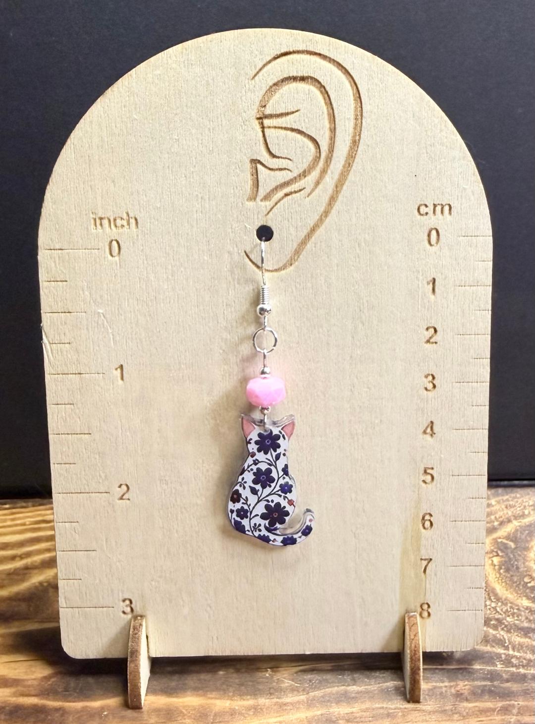 NEW Bohemian Floral Rear Facing Cat Acrylic Charm Earrings w/ Pink Glass Beads