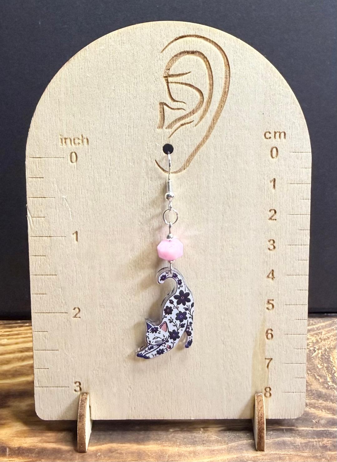 NEW Bohemian Floral Stretching Cat Acrylic Charm Earrings w/ Pink Glass Beads